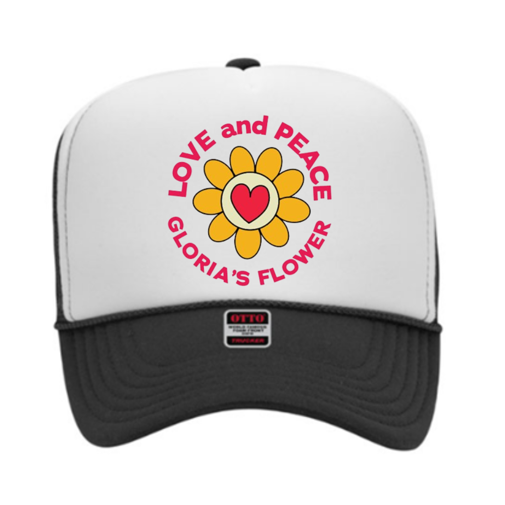Foam trucker hat that says, "Love and Peace".