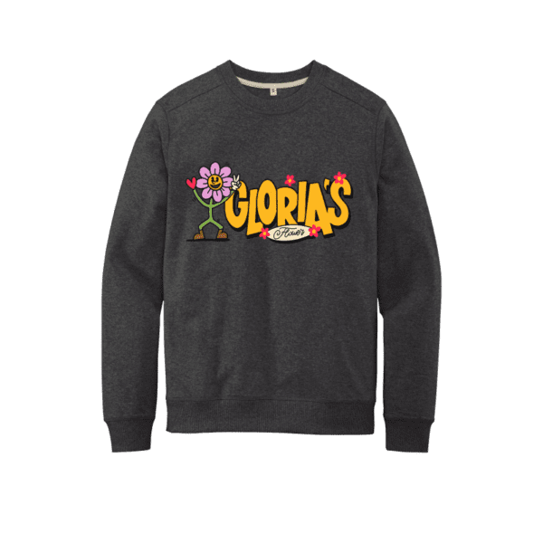 Grey crew neck sweater with "Gloria's Flower" written with graffiti style font on front.