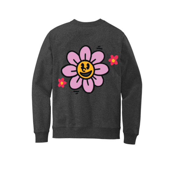 Grey crew neck sweater with big smiling flower on back.