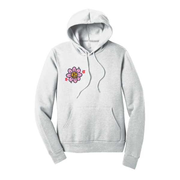 white pullover hoodie with smiling flower on chest