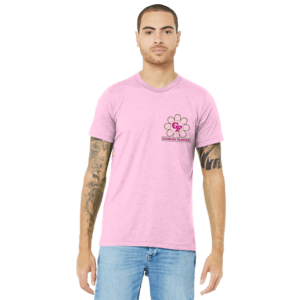 A man with tattoos wearing a pink shirt.