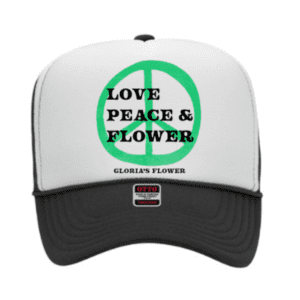 A white and black hat with the words " love peace & flower."