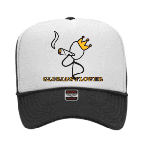 A white and black hat with a cartoon of a cigarette on it.