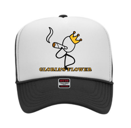 A white and black hat with a cartoon of a cigarette on it.