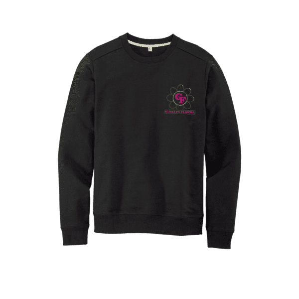 Crew neck sweater with flower on front chest.