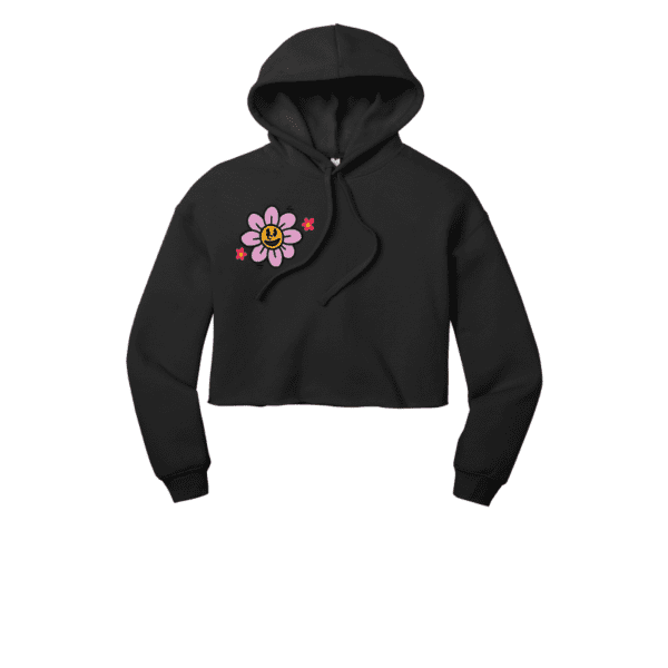 Front of women's cropped hoodie with smiling flower on chest.