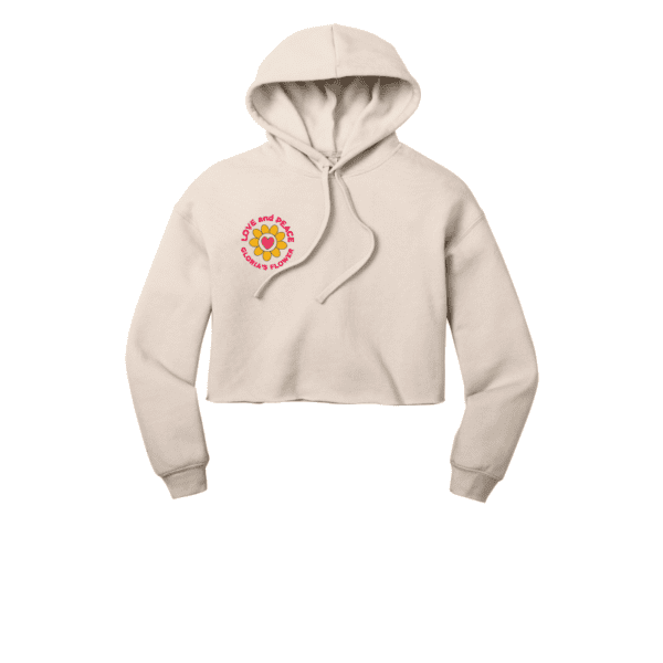 Women's cropped hoodie with flower and heart on front.