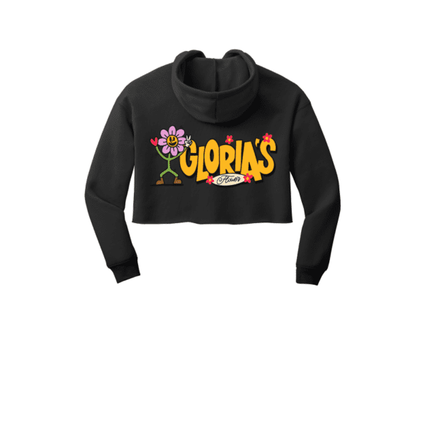Back of women's cropped hoodie that says "Gloria's Flower".
