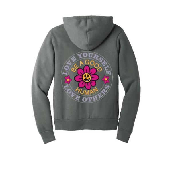 A grey pullover hoodie with graphic flower design.