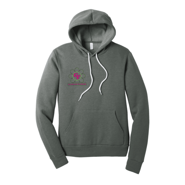 Grey pullover hoodie with a logo on the chest.