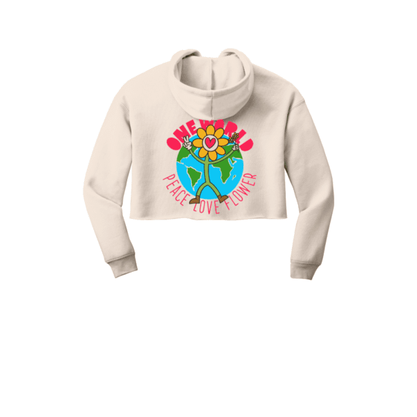 Back of women's cropped pullover hoodie with globe design.