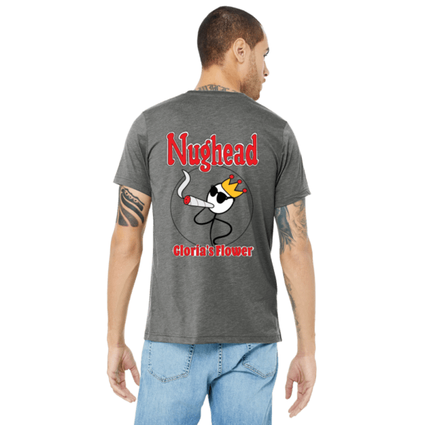 Man wearing jeans and a grey tee that says "Nughead" with smoking cartoon on it.