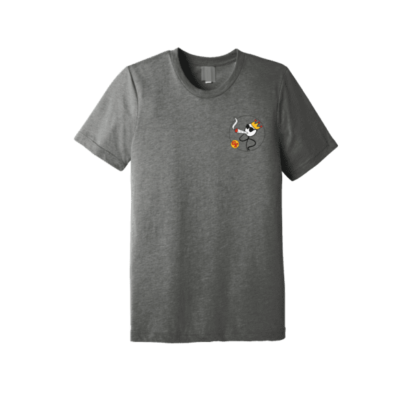 A grey tee with a smoking cartoon on front chest.