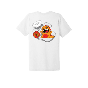 A white tshirt with a cartoon dragon on the back.